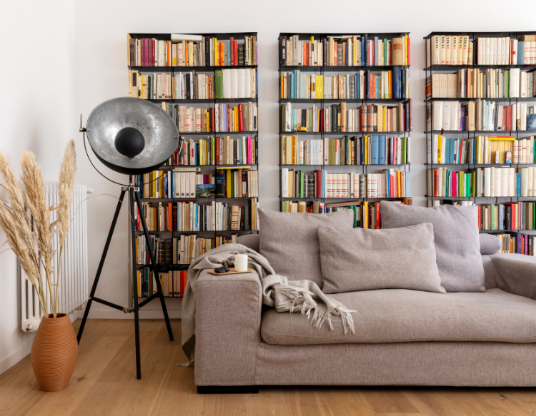 Sala Minimalista com Estante de Livros