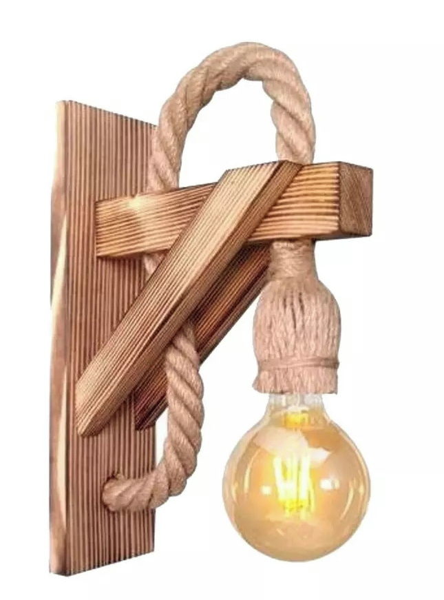 Arandela Rústica - Madeira, corda sisal e lâmpada de filamento